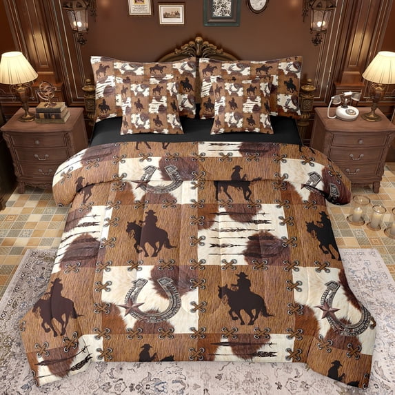 Manfei Western Cowboy Horseshoe Twin Bedding Sets 7-Piece for Teens Adults,Exotic Style Bedding Comforter Set Microfiber,Farmhouse Animal Cow Print Breathable Sheet Sets,Breathable Home Decor