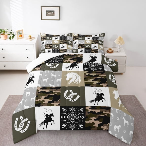 Manfei Western Cowboy King Size Comforter Sets,Rustic Farmhouse Cabin Bedding Comforter Set,Army Green Camouflage Bedding Set For Girls Teens,Microfiber Bedroom Decor,3 Pieces