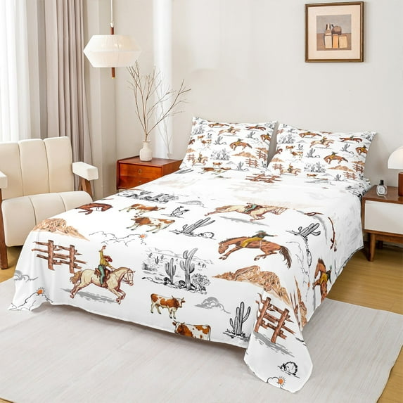 Manfei Western Cowboy Queen Sheet Sets 4-Piece, Brown Farm Horse Flat Sheet, Tropical Desert Cactus Queen Fitted Sheet, Breathable Bedroom Decor