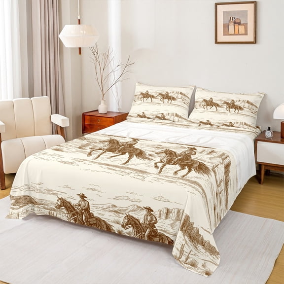 Manfei Western Cowboy Queen Sheet Sets,Rustic Farmhouse Cabin Flat Sheet,Beige Brown Queen Fitted Sheet For Boys Kids,Luxury Bedroom Decor,4 Pieces
