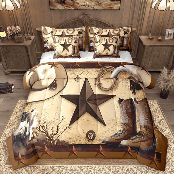 Manfei Western Cowboy Twin Bedding Sets 7pcs, Vintage Boots Hat Bedding Comforter Set, Brown Rustic Farmhouse Sheet Sets, Ultra Soft Home Decor