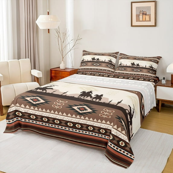 Manfei Western Cowboy Twin Sheet Sets, Brown Aztec Twin Fitted Sheet, Tribal Style Lodge Cabin Flat Sheet, Luxury Bedroom Decor 3 Pieces