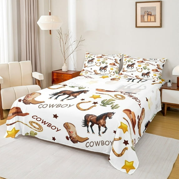 Manfei Western Cowboy Twin Sheet Sets,Retro Horseshoe Boots Twin Fitted Sheet,Rustic Farmhouse Cabin Flat Sheet For Boys Kids,Ultra Soft Home Decor,3pcs