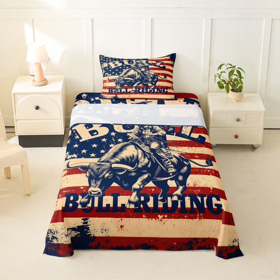 Manfei Western Cowboy Twin Sheets,Bull Riding Letter Bedding,Red Blue Us Flag Decor,3 Pieces,1 Fitted Sheet and 1 Pillowcase