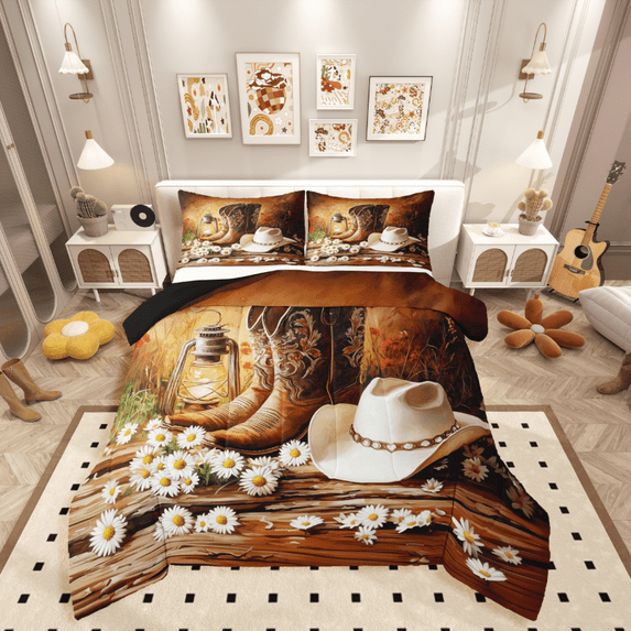 Manfei Western Cowgirl 2pcs Bedding Comforter Set,Boots Hat Twin Comforter Sets,Floral Daisy Breathable Bedding Set,Super Cozy Rustic Room Decor,Reversible