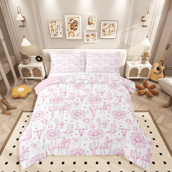 Manfei Western Cowgirl 2pcs Bedding Comforter Set,Floral Cactus Twin Comforter Sets,Kawaii Bow Breathable Bedding Set,Microfiber Teenagers Bedroom Decor,Reversible