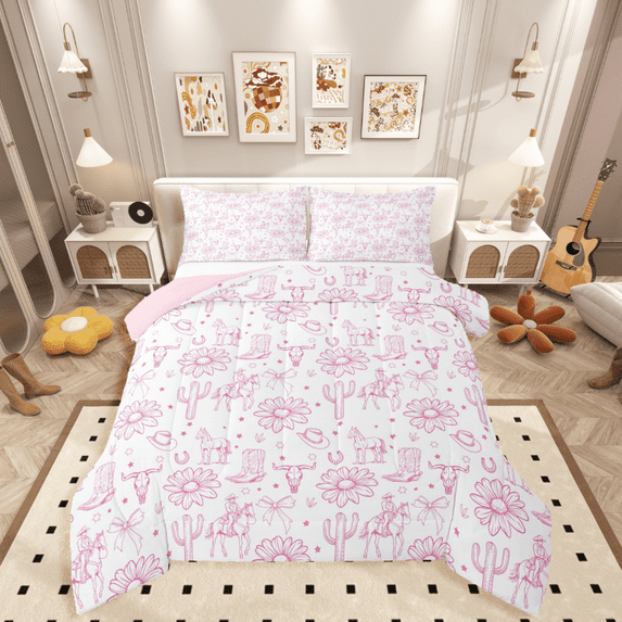 Manfei Western Cowgirl 3-Piece Full Size Comforter Sets,Floral Cactus Bedding Comforter Set,Kawaii Bow Lightweight Bedding Sets,Microfiber Teenagers Bedroom Decor,Reversible