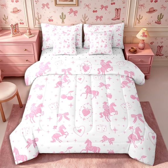 Manfei Western Cowgirl 7-Piece Twin Bedding,Cute Starberry Bow Bedding Comforter Set,White Pink