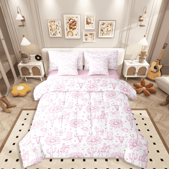 Manfei Western Cowgirl 7-Piece Twin Bedding Sets,Floral Cactus Bedding Comforter Set,Kawaii Bow Breathable Sheet Sets,Microfiber Teenagers Bedroom Decor,Reversible