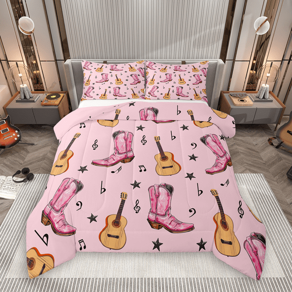 Manfei Western Cowgirl Bedding Comforter Set 2pcs, Watercolor Boots Guitar Twin Comforter Sets, Music Notes Stars Bedding Set, Breathable Home Decor