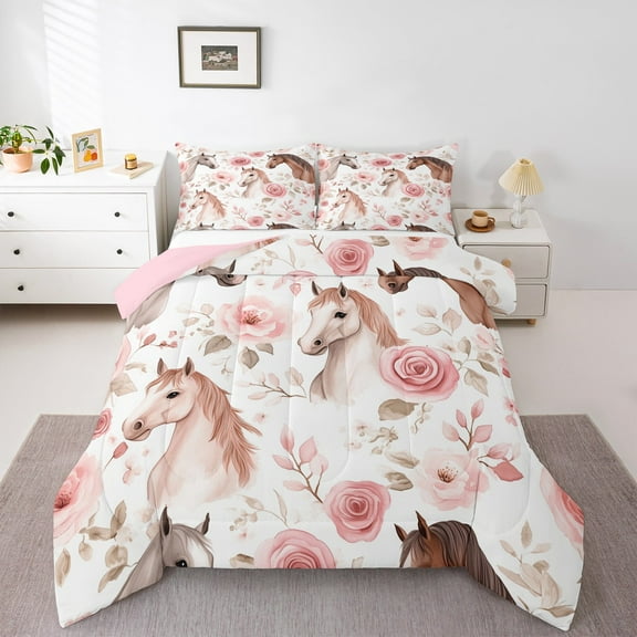 Manfei Western Cowgirl Bedding Comforter Set,Rustic Flower Floral Twin Comforter Sets,Country Farmhouse Horse Bedding Set For Kids Girls,Microfiber Bedroom Decor Reversible,2-Piece