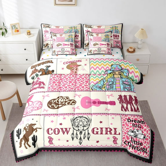 Manfei Western Cowgirl Bedding Sets Queen Size,Dreamcatcher Guitar Bowtie Comforter Sets with Sheets,Leopard Print Bed in a Bag Queen Size For Girls,Lightweight Bedroom Decoration Reversible,7-Piece