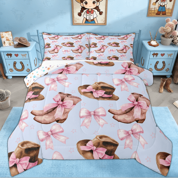 Manfei Western Cowgirl Boot Full Size Comforter Sets for Kids Girls, Princess Ribbon Bow-tie Bedding Comforter Set, Colorful Stars Print Reversibles, 3pcs