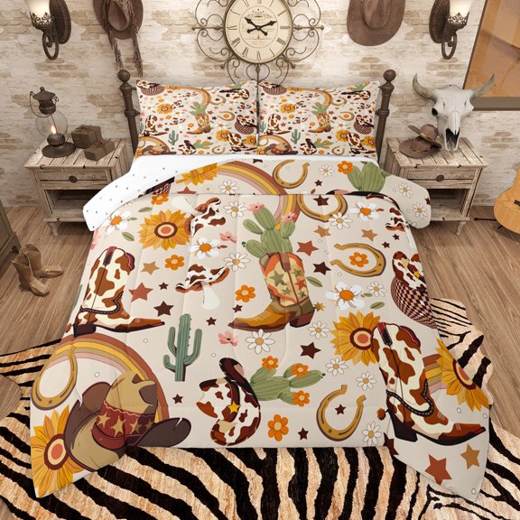 Manfei Western Cowgirl Boot Queen Comforter Set, Rustic Sunflower Cactus Bedding Sets, Cartoon Brown Stars Reversible Bedding Comforter Set, Lightweight Room Decor, 3 Pieces
