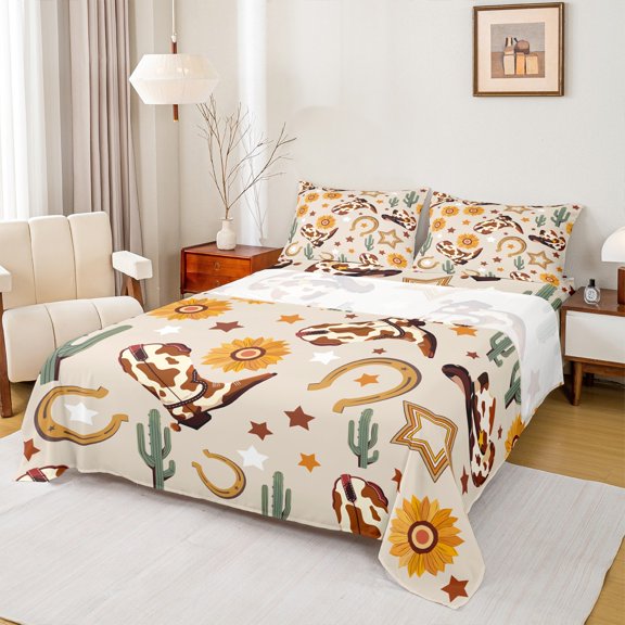 Manfei Western Cowgirl Boot Queen Sheet Sets, Rustic Sunflower Cactus Flat Sheet, Cartoon Brown Stars Queen Fitted Sheet, Lightweight Room Decor, 4pcs