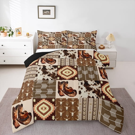 Manfei Western Cowgirl Boots Full Size Comforter Sets, Bohemian Hippie Style Bedding Comforter Set, Brown Patchwork Buffalo Reversible Bedding Sets, Microfiber Bedroom Decor, 3 Pieces
