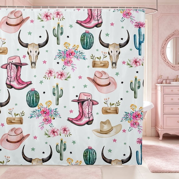 Manfei Western Cowgirl Boots Hat Shower Curtain 72Wx78L,Rustic Floral Bull Skull Bath Curtain