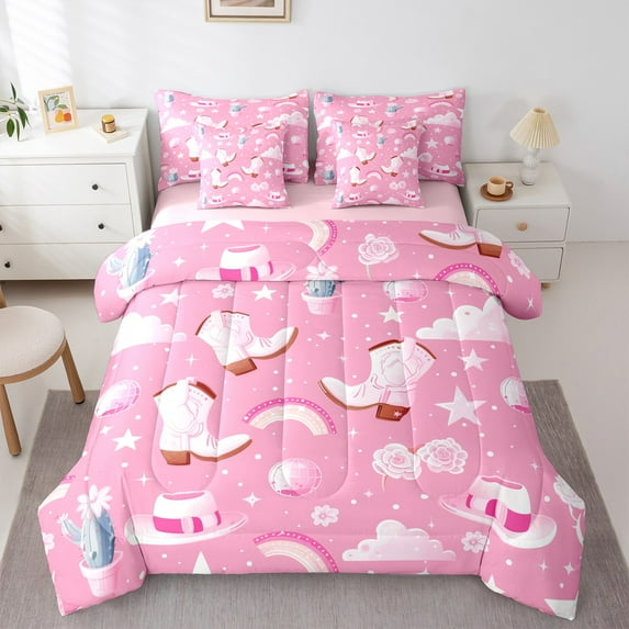 Manfei Western Cowgirl Boots Twin Bedding Sets 7-Piece,Rustic Flower Castus Bedding Comforter Set,Pink Hat Rainbow Sheet Sets,Microfiber Room Decor,Reversible