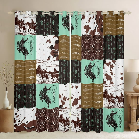 Manfei Western Cowgirl Cowboy Curtains Pack of 2 (42x84 Each), Tribal Hippie Bohemian Curtains Blackout, Green Brown Rustic Patchwork Bedroom Curtains, Window Curtains Bedroom Decor