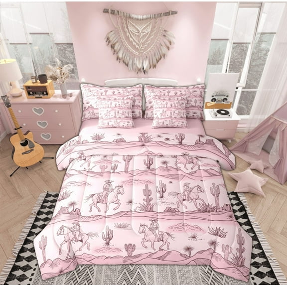Manfei Western Cowgirl Cowboy Twin Bedding Sets 7-Piece for Teen, Cactus Plant Botanical Bedding Comforter Set, Pink Rustic Horse Reversible Sheet Sets, Super Cozy Room Decor