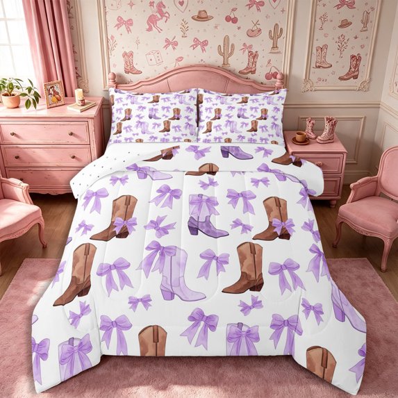 Manfei Western Cowgirl Full Size Comforter Sets 3-Piece,Kawaii Ribbon Bow Bedding Comforter Set,White Lavender,1 Comforter and 2 Pillowcases,Reversible