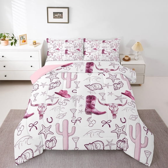 Manfei Western Cowgirl Hat Boots Full Size Comforter Sets,Vintage Bull Skull Bedding Comforter Set,Cute Bow Tie Bowknot Bedding Sets For Girls Kids,Ultra Soft Home Decor Reversible,3-Piece