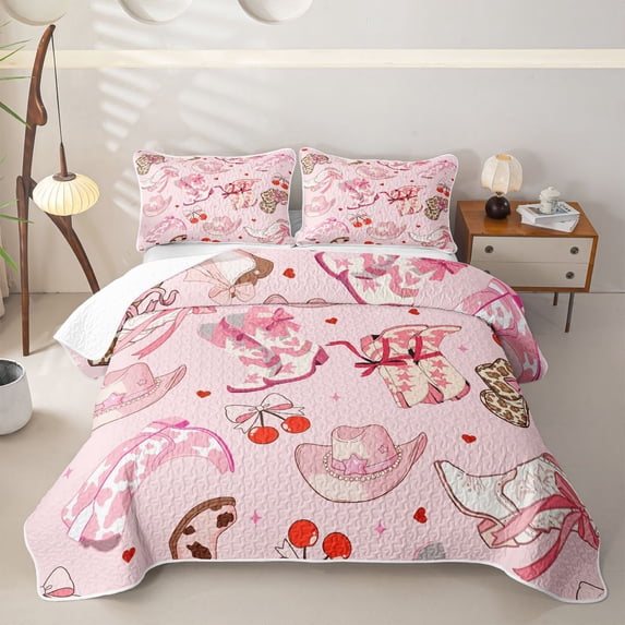 Manfei Western Cowgirl Hats Boots Twin Quilt Set for Girls,Teens Female Cartoon Cherry Bowknot Twin Coverlet Set