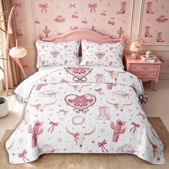 Manfei Western Cowgirl Skull Bed Spread Queen 3pcs,Cartoon Boots Cactus Queen Coverlet Set,White Pink,1 Quilt and 2 Pillowcases