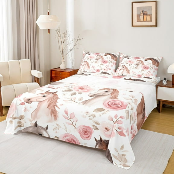Manfei Western Cowgirl Twin Sheet Sets,Rustic Flower Floral Twin Fitted Sheet,Country Farmhouse Horse Flat Sheet For Kids Girls,Microfiber Bedroom Decor,3-Piece