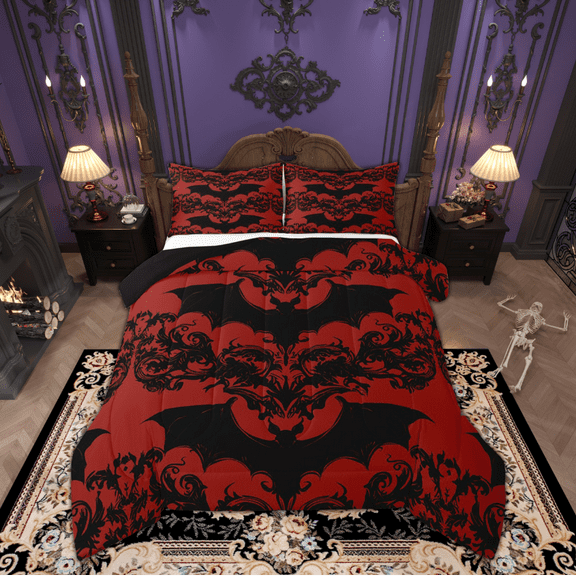 Manfei Western Damask Print Bedding Comforter Set for Kid, Black Red Bat Twin Comforter Sets, Halloween Theme Reversible Bedding Set, Lightweight Room Decor, 2-Piece
