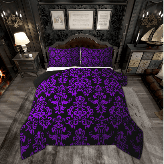 Manfei Western Damask Print Full Size Comforter Sets for Adult, Vintage Flower Floral Bedding Comforter Set, Bohemian Mandala Reversible Bedding Sets, Breathable Home Decor, 3pcs