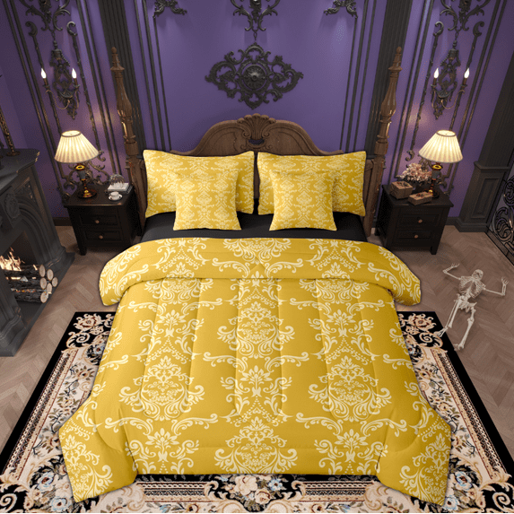 Manfei Western Damask Print Twin Bedding Sets 7-Piece for Adult, Vintage Flower Floral Bedding Comforter Set, Bohemian Mandala Reversible Sheet Sets, Ultra Soft Home Decor