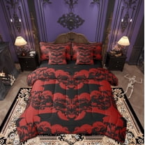 Manfei Western Damask Print Twin Bedding Sets 7-Piece for Kid, Black Red Bat Bedding Comforter Set, Halloween Theme Reversible Sheet Sets, Lightweight Room Decor