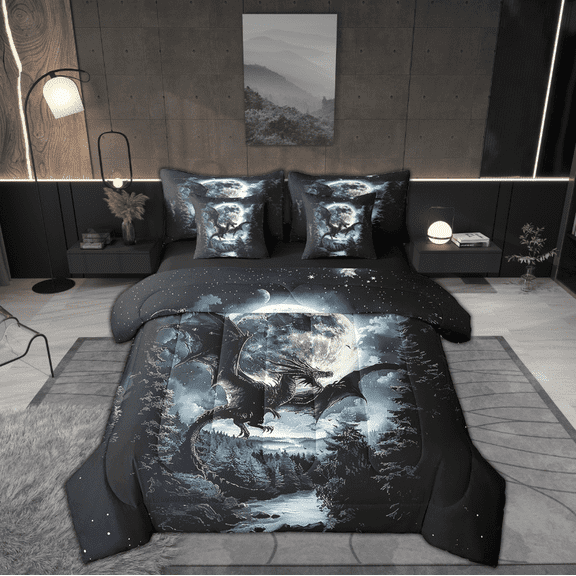 Manfei Western Dragon Bedding Full Size, Psychedelic Moon Bed Set, Jungle Wildlife Reversible Bedding Sets Full Size, Microfiber Room Decoration, 7-Piece