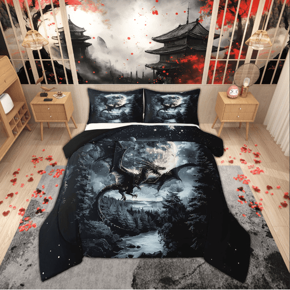 Manfei Western Dragon Bedding Sets Full with Comforter, Psychedelic Moon Duvet Insert, Jungle Wildlife Reversible Comforter Sets Full Size, Microfiber Room Decoration, 3-Piece