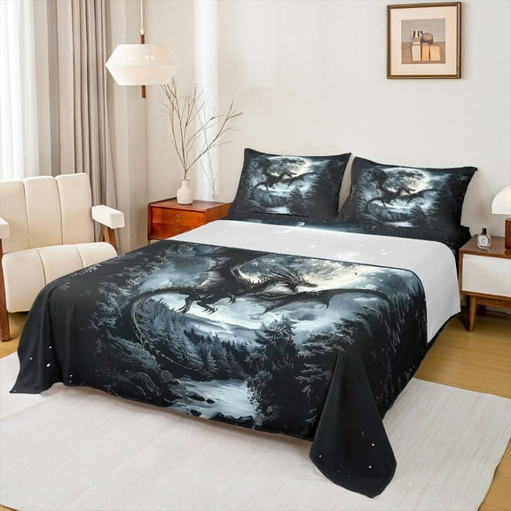 Manfei Western Dragon Sheet Set King, Psychedelic Moon Bed Sheets Set King Size, Jungle Wildlife King Sheet Sets, Microfiber Room Decoration, 4-Piece
