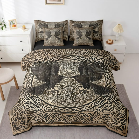 Manfei Western Fantasy 7-Piece Bedding Comforter Set,Rustic Crows King Bedding Sets,Gold Black Boho Bed Sheets For Teens,Super Cozy Room Decor Reversible