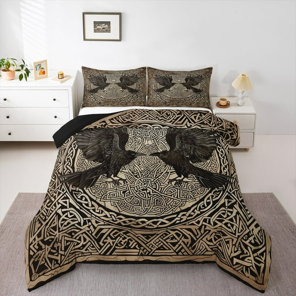 Manfei Western Fantasy Bedding Comforter Set,Rustic Crows Twin Comforter Sets,Gold Black Boho Bedding Set For Teens,Super Cozy Room Decor Reversible,2-Piece