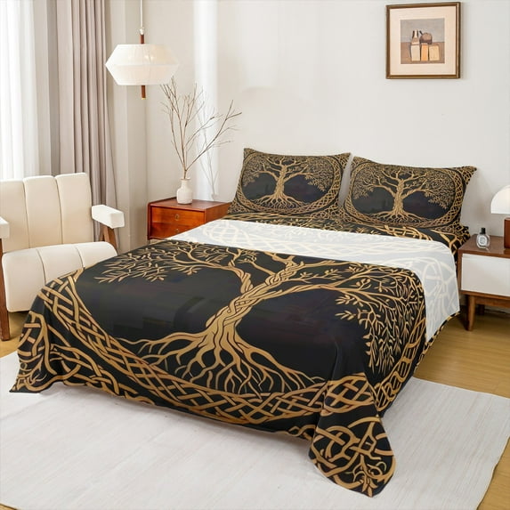 Manfei Western Fantasy Twin Sheet Set (3-Piece) Vintage Boho Gold Tree Of Life Luxury Decor For Adults