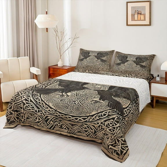 Manfei Western Fantasy Twin Sheet Sets,Rustic Crows Twin Fitted Sheet,Gold Black Boho Flat Sheet For Teens,Super Cozy Room Decor,3-Piece