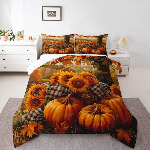Manfei Western Farmhouse Bedding Comforter Set,Rustic Pumpkin Sunflower Twin Comforter Sets,Hello Fall Bedding Set For Child,Ultra Soft Home Decor Reversible,2pcs