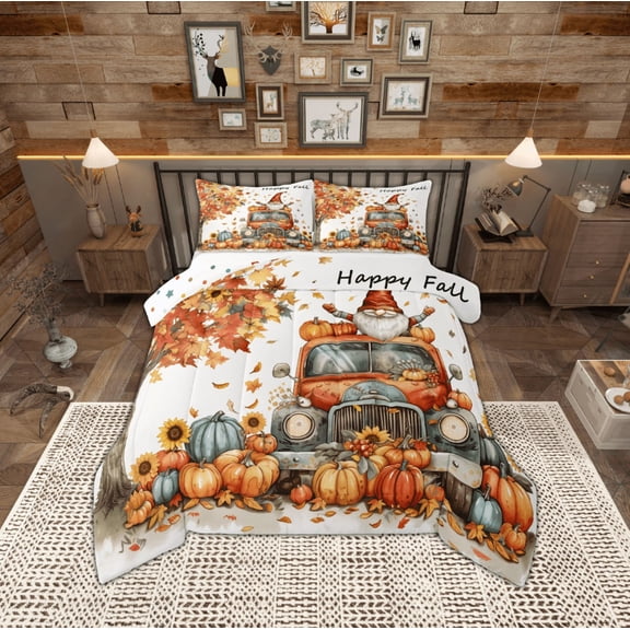 Manfei Western Farmhouse Lodge Full Size Comforter Sets,Orange Pumpkin Maples Bedding Comforter Set,Happy Fall Bedding Sets For Child,Ultra Soft Home Decor Reversible,3pcs