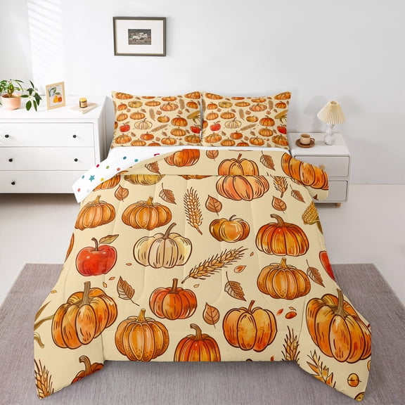 Manfei Western Farmhouse Queen Comforter Set,Orange Pumpkin Bedding Sets,Hello Fall Bedding Comforter Set For Child,Ultra Soft Home Decor Reversible,3 Pieces