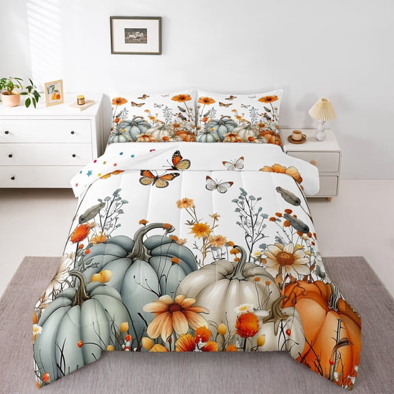 Manfei Western Farmhouse Queen Comforter Set,Rustic Pumpkin Butterfly Bedding Sets,Hello Fall Bedding Comforter Set For Child,Ultra Soft Home Decor Reversible,3pcs