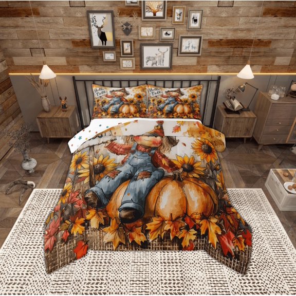 Manfei Western Farmhouse Screcrow Queen Comforter Set,Orange Pumpkin Maples Bedding Sets,Hello Fall Bedding Comforter Set For Child,Ultra Soft Home Decor Reversible,3-Piece