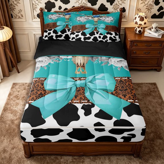 Manfei Western Floral Bull Skull Zipper Queen Comforter Set with Fitted Sheet and 2 Pillowcases,Boho Damask Cow Print Zipper Bedding Set,White Turquoise,Reversible