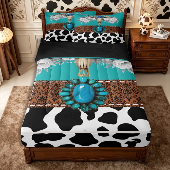 Manfei Western Floral Bull Skull Zipper Twin Comforter Sets with Fitted Sheet and 2 Pillowcases,Boho Damask Cow Print Zipper Bedding Set,White Turquoise,Reversible