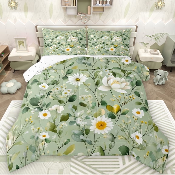 Manfei Western Floral Flower Full Size Comforter Sets for Adult, Green Leaf Botanical Bedding Comforter Set, Mandala Bohemian Reversible Bedding Sets, Lightweight Room Decor, 3pcs