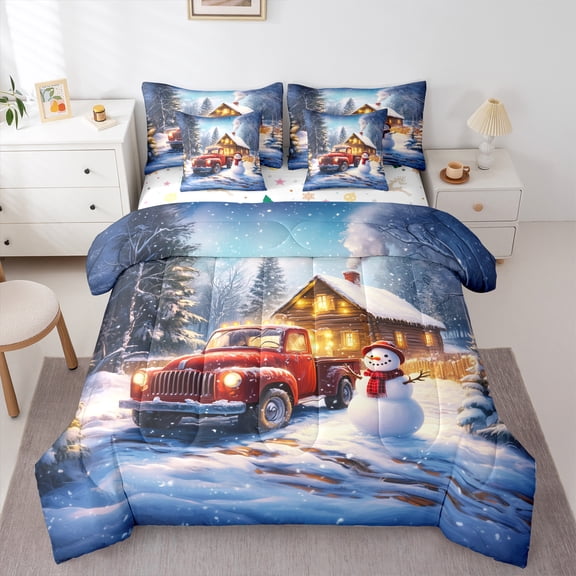 Manfei Western Framhouse Cabin 7-Piece Bedding Comforter Set,Cute Christmas Snowman King Bedding Sets,Red Farm Truck Bed Sheets For Teens,Super Cozy Room Decor Reversible