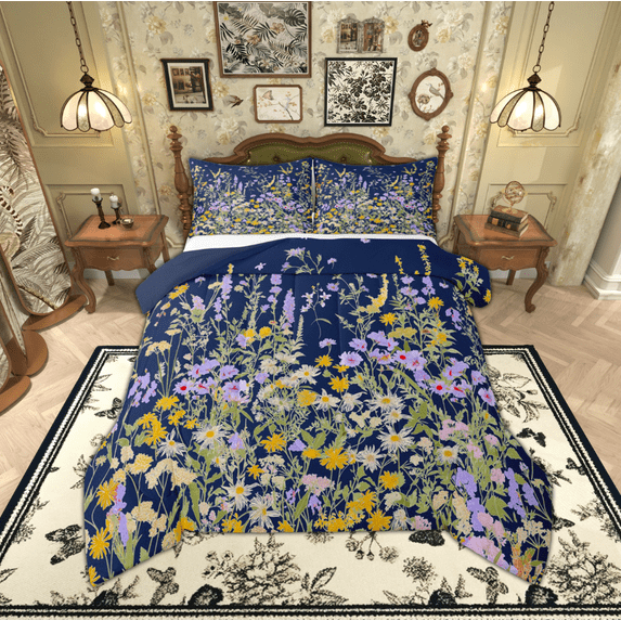 Manfei Western Garden Flower Queen Comforter Set, Rustic Farmhouse Bedding Sets, Teen Kid Adult Female Reversible Bedding Comforter Set, Lightweight Room Decor, 3 Pieces